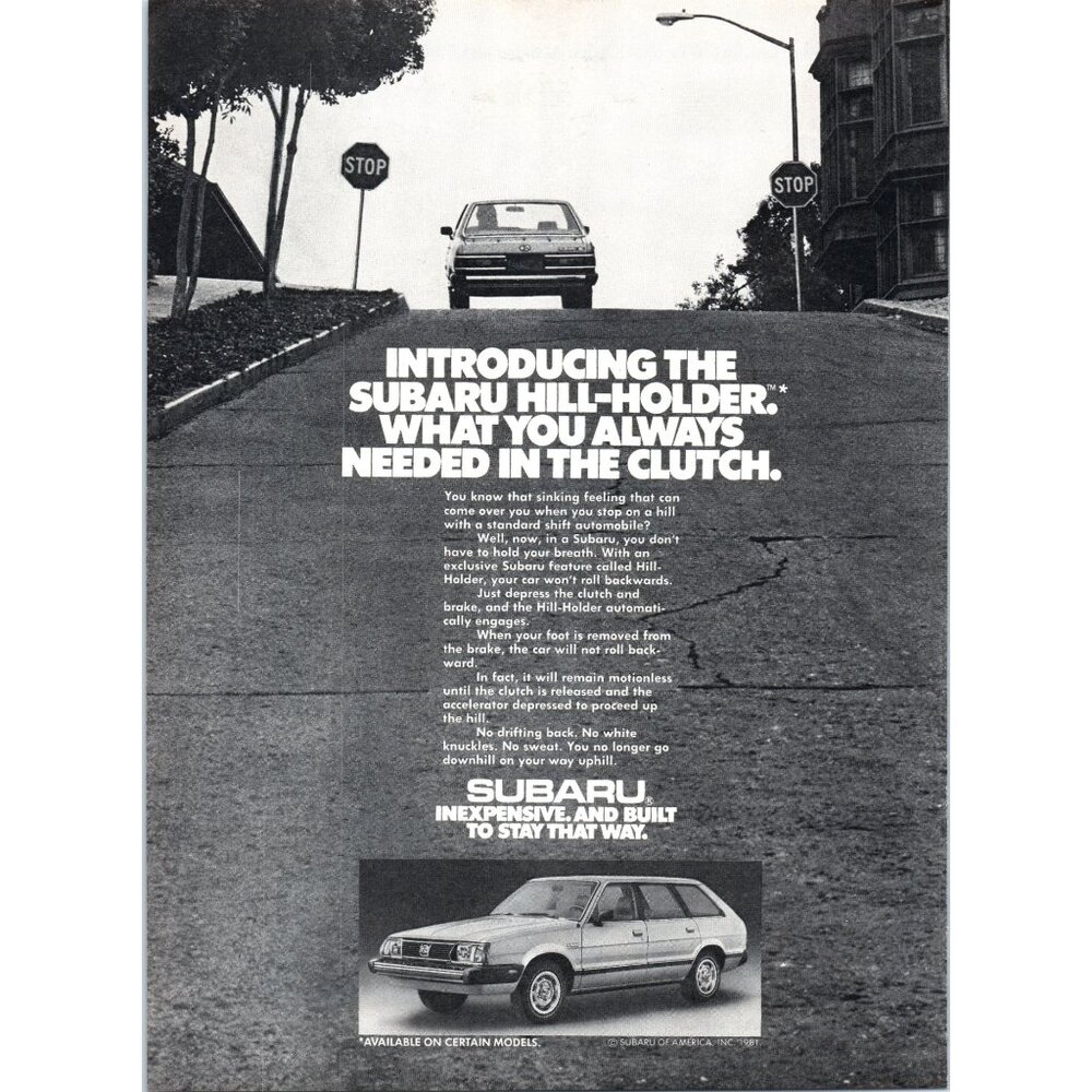 1981 Subaru 4 Door Wagon Vintage Print Ad Hill Holder Clutch Stop Sign Wall Art